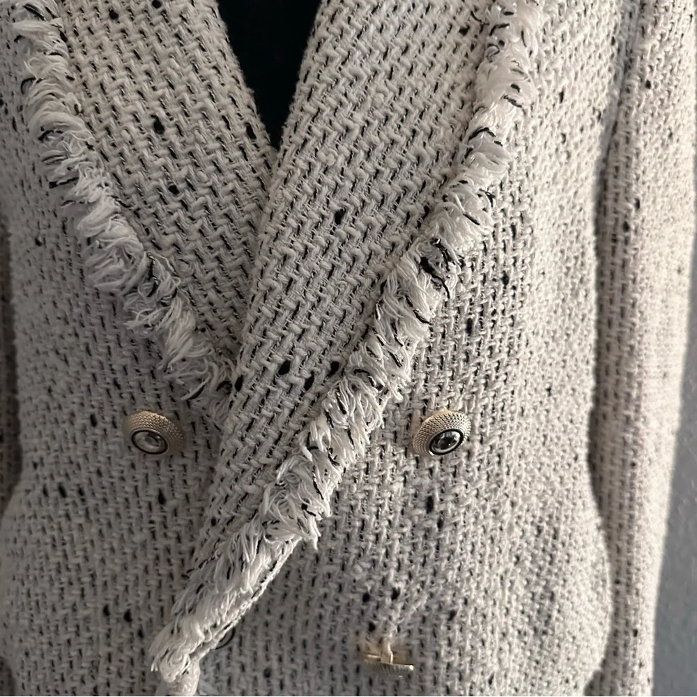 Zara Tweed Bouclé Cropped Blazer Jacket Frayed Trim Double Breasted L - Picture 2 of 11